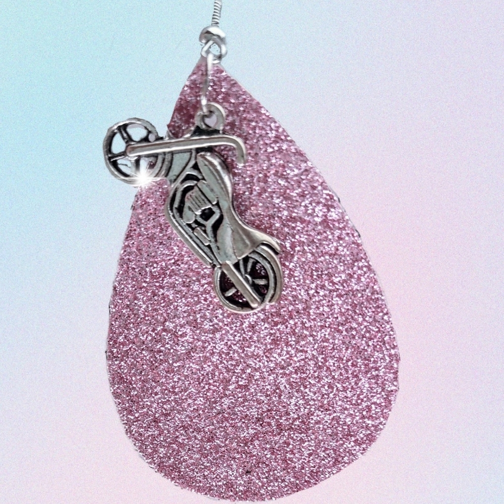 Pink Glitter Leatherette Teardrop Cut Earrings - You Choose Theme